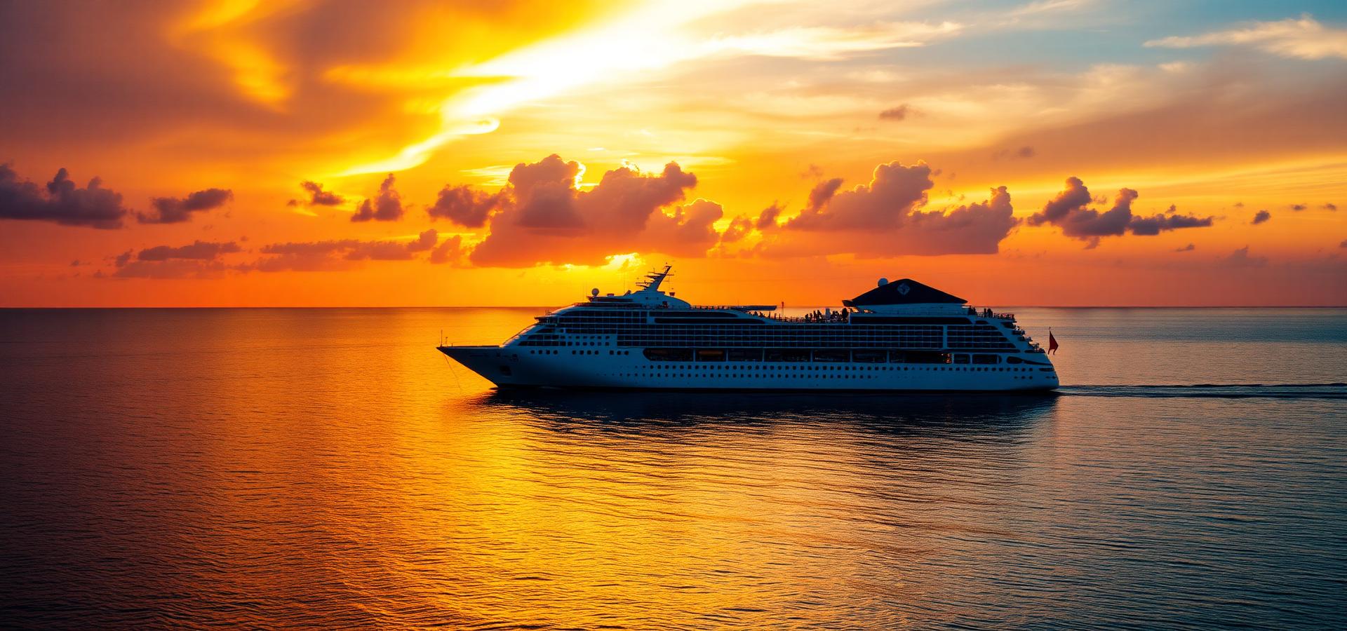 Cruise ship silhouette against warm sunset over calm ocean